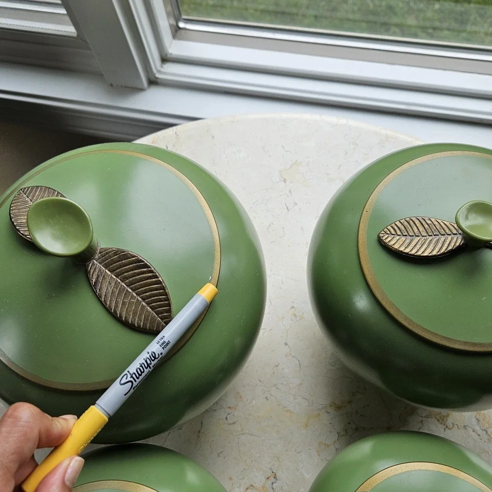intage Chrom-Ever Avocado Green Apple Canister Set 4 MCM Enameled Aluminum Retro